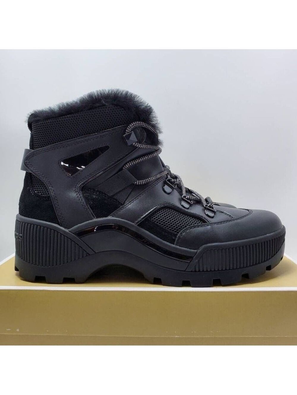 Michael Kors Womens Brooke Leather And Scuba Boot Bootie Fur Lined Size 7 Black